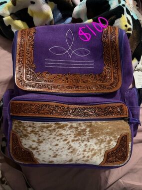 Purple Suede Backpack with Tooled Leather Trim and Hair-On-Hide Panel
